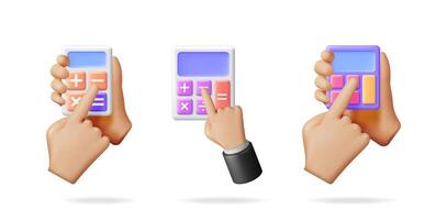 Three humanoid hands hold and use a calculator, representing business calculation, finance, and accounting. 3d financial illustration set. vector