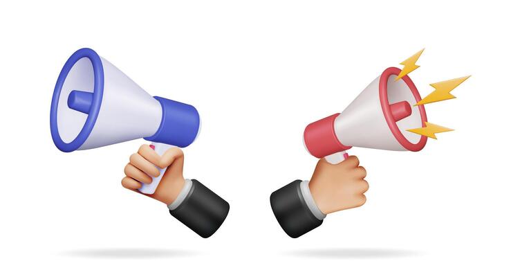 Man hand holding blue megaphone and man hand holding red megaphone with lightning sign. Business communication advertisement.