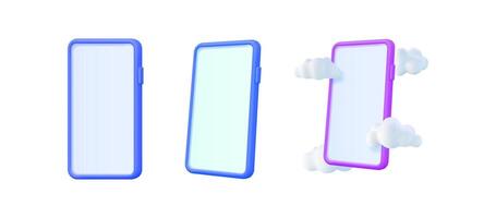 Three 3d smart phone mockups. Empty smart phone screen with cloud icon. Mobile phone with empty screen. Minimalistic concept design for display. vector