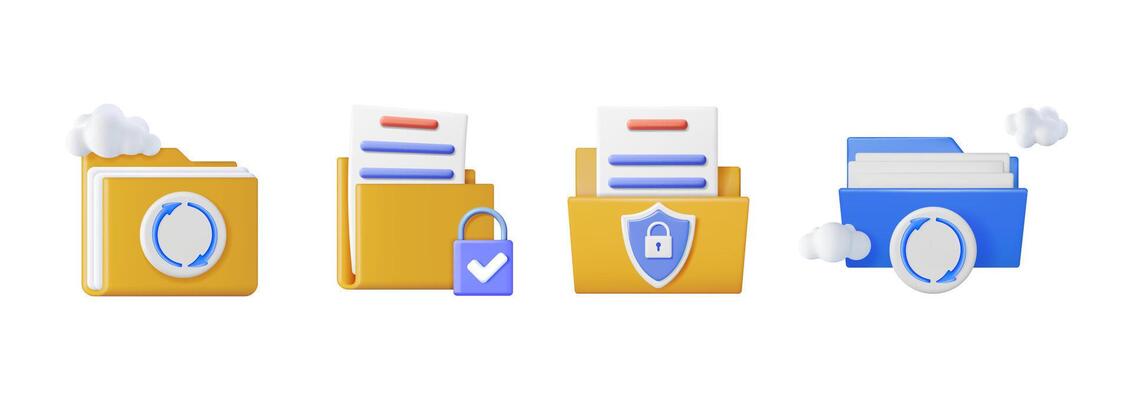 Data management 3d icons set. Cloud storage, document file, secure protection, and synchronization folder concept for business.