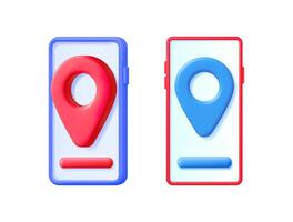 Two 3d phone illustrations with gps application for location tracking and navigation service. Smartphone device for mobile app display. vector