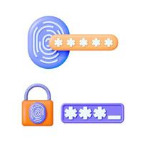 Fingerprint and password security 3d illustration set. Secure lock and biometric access for digital protection concept. vector