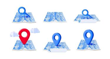 3d illustration set of folded paper map with location pin, magnifying glass, and search bar. Direction and navigation concept for travel application. vector