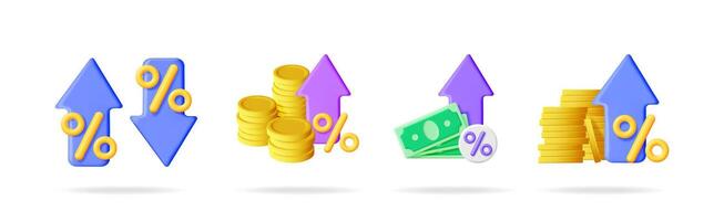 Set of 3d illustrations showing financial growth with percent symbols, coins and currency notes on white background for business report. vector