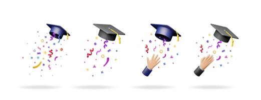 Graduation cap flying in air with colorful confetti and a hand reaching for it, symbolizing success and achievement, a 3d illustration. vector