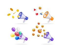 Megaphone set with promotion icons and 3d illustrations of social media marketing and event announcement elements. vector