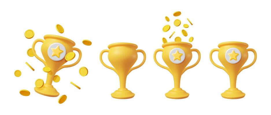 Set of 3d gold trophy cups. Winner award with star badge and coins falling in cup. Achievement, success, and reward concept for gaming.