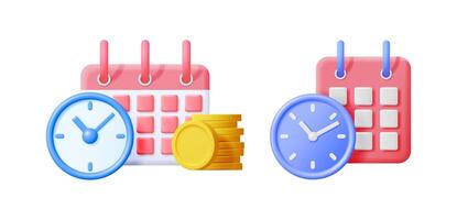3d illustration calendar with clock and coin. Time management concept. Calendar schedule planning. Time and money control. Deadline, finance. vector