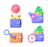 Set of 3d illustrations of wallet, money, clock, key, and lock, representing financial concepts for presentation vector