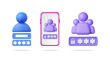3d set of account login and password icons. Abstract user profile and group of users with secured password input field. vector