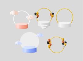 A set of 3d product podiums with clouds and balloons, perfect for product display, promotion, and e-commerce web design. vector