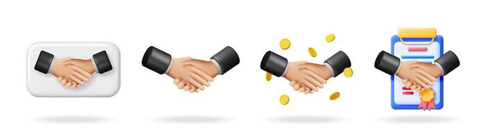 Set of 3d illustrations of handshake icons representing business partnership, agreement, and contract signing. vector