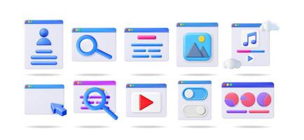 Set of 3d interface elements. User profile, search bar, text box, image, music player, empty window, , toggle, and chart windows. vector