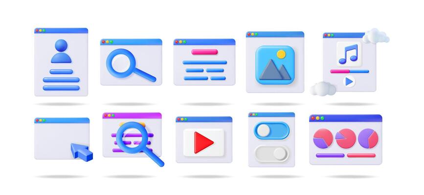 Set of 3d interface elements. User profile, search bar, text box, image, music player, empty window, , toggle, and chart windows.