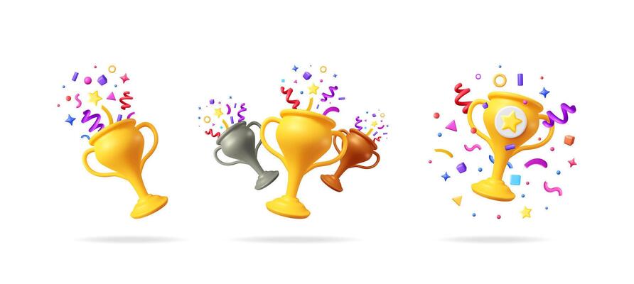 Set of 3D render gold trophy cup with confetti explosion. Champion award bowl for winner celebration. Success and achievement concept illustration.