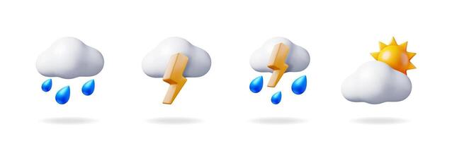 3d weather forecast icon collection set for online weather app. Rain cloud, storm cloud, and sun with cloud graphic. vector