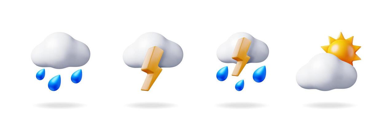 3d weather forecast icon collection set for online weather app. Rain cloud, storm cloud, and sun with cloud graphic.