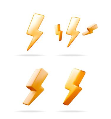 3d set of orange lightning bolt symbols representing power, energy, and speed. Modern web and app icon set for user interface design.