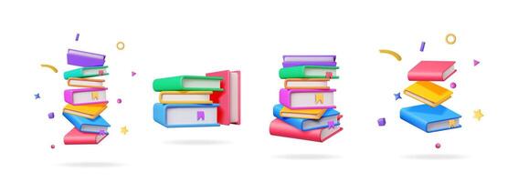 3d set collection of colorful book piles and floating books for education, learning, and knowledge concept design. vector