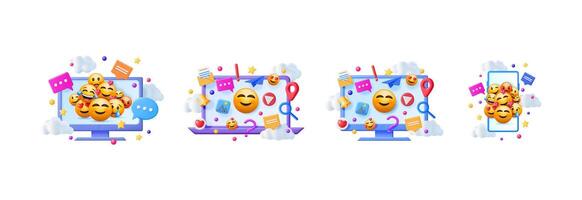 3d social media set with various emojis and network icons on computer monitor and smartphone screen for web banner. vector