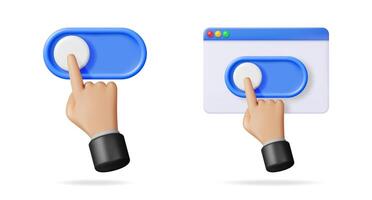 Hand switching on toggle button in computer window. User interface on off switch for website design and mobile application. vector