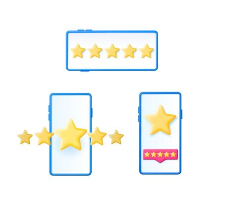 3d illustration of various mobile phones and a tablet showing five golden stars rating feedback. Customer service concept.