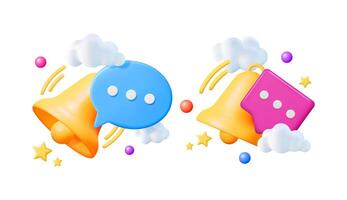 3D illustration of golden bell with notification message. Social media alert and communication concept for app and website. vector