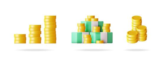 Illustrated 3d render of gold coin stack and cubes. Financial growth graph and success. Business banking investment. vector