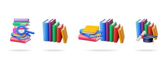 3d set with realistic colorful book, graduation cap and scroll. Education, school, library, training concept. vector
