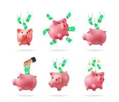 Multiple piggy money banks with money falling into them. 3d financial saving concept for budget management and growth. vector