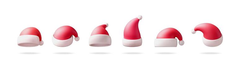 Set of 3d santa hat objects in various positions. Christmas and New Year holiday elements for festive design. vector