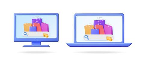 Online shopping concept with colorful bags on computer monitor and laptop. E-commerce display with search bar. Digital retail experience. vector