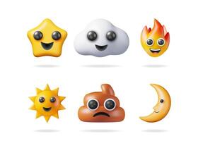 Set of 3d rendering emojis including a star, cloud, fire, sun, poop, and moon. Fun cartoon characters for social media and digital communication. vector