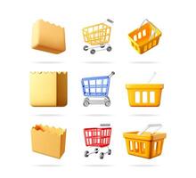 3d set collection of shopping carts, shopping baskets, and paper bags rendered with realistic shadow on a white background. vector