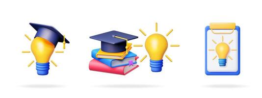 3d set with graduation cap and light bulb symbolizing idea and knowledge, and books for education concept. vector