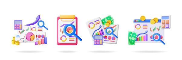 Financial analysis 3d set collection with various charts, graphs, calculator, money, and magnifying glass. Business growth and investment concept. vector