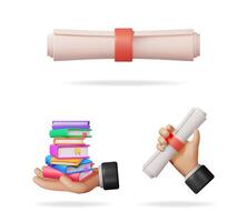 Set of 3d hands. Man hand holding a diploma roll and a stack of books. Academic success and education concept. vector