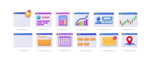 Set of 3d interface icons for web pages. Cartoon style illustration for business applications and digital services. vector