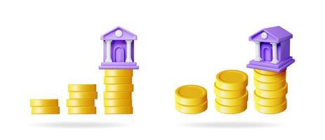 Bank building icon on stacked coins and another set of coins and a bank building beside it, concept of finance and investment. vector