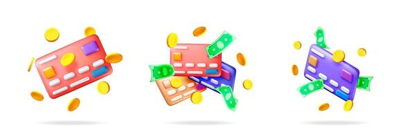 3d illustration set icon showing various floating credit cards with coins and money bills on a blank white background, financial transaction concept. vector
