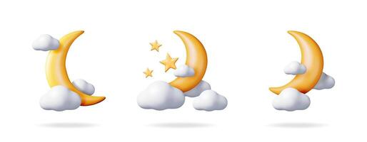 Gold crescent moon with white clouds and shining stars in 3d set collection on a white background. Weather forecast symbol with cartoon design. vector