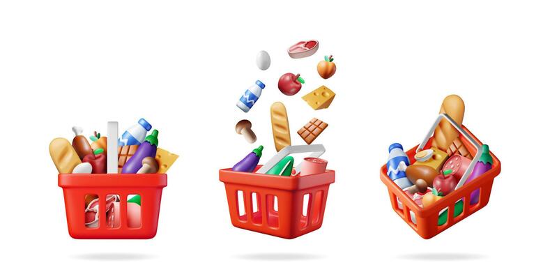 Three red 3d shopping basket illustration set with various floating and full groceries. Grocery market concept.