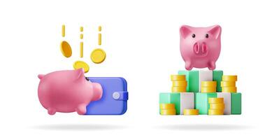 3d stock illustration set collection with a piggy bank receiving coins into a wallet and a piggy bank on a bar graph with coins to show business savings. vector