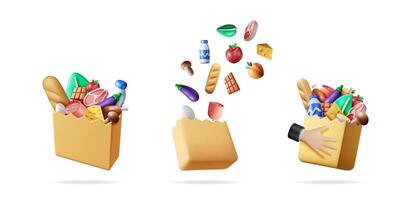 3d set collection of grocery bags full and with items falling into them, or held by a hand. Shopping and delivery concept for retail. vector