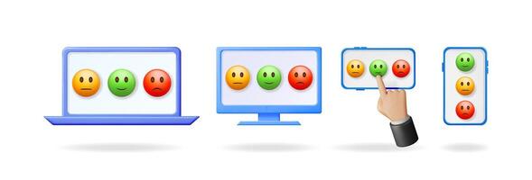 Customer feedback concept with multiple devices showing satisfaction levels. Hand chooses happy emoji on smartphone. User experience survey illustration. vector