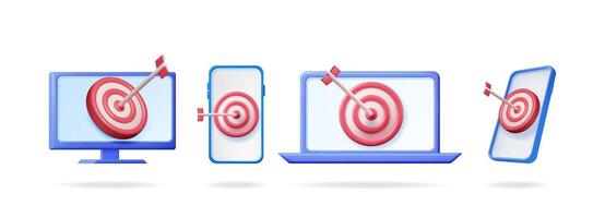 3d set collection of dartboard with arrow in digital devices. Target concept for marketing, achievement, goal, business. vector