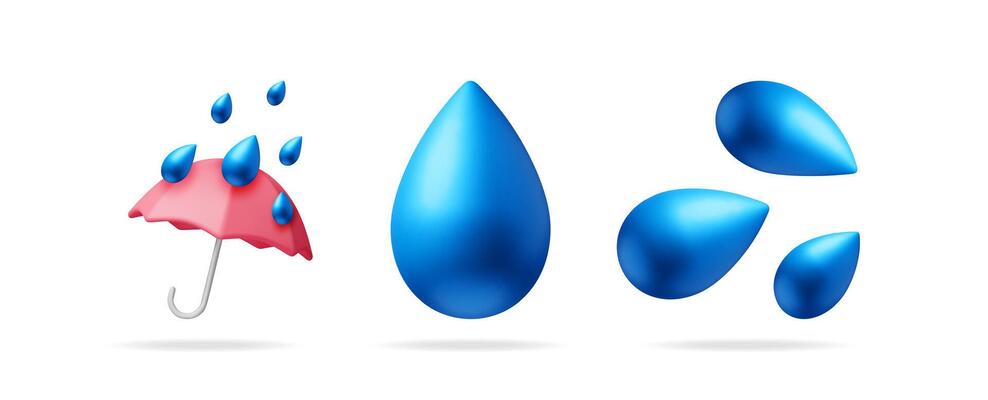 3d set collection with pink umbrella and blue rain water drops. Weather concept for forecast and climate.