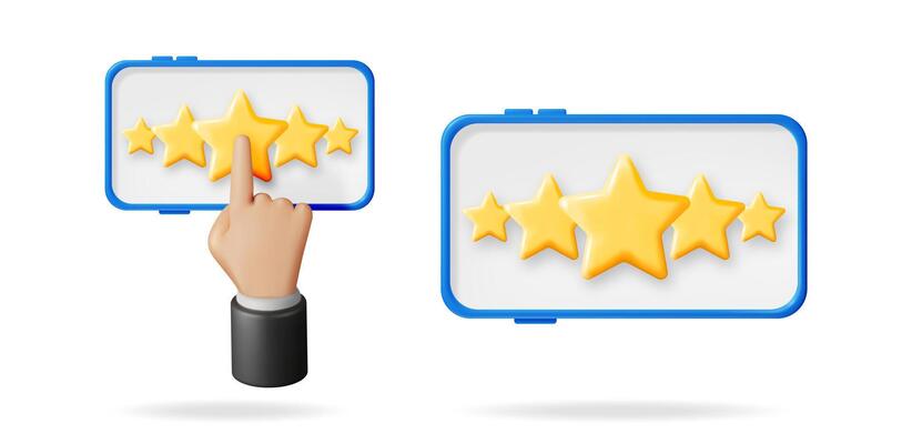 Hand rating five gold stars on a tablet screen, symbolizing customer satisfaction and quality feedback. Online review or excellent service concept.