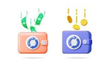 3d wallet icons with money flowing in and out. Financial transaction symbols for income and expense management concept. vector