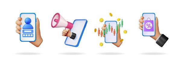 Hands holding phones with user login, megaphone, stock chart, and shopping bag displaying different digital interactions vector